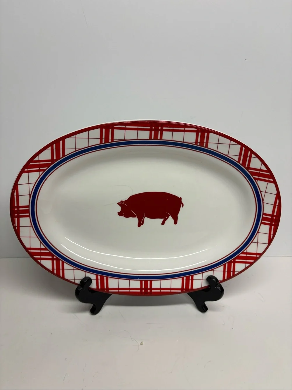 William Sonoma Country Barbecue Red Plaid Oval Serving Platter with Pig Motif